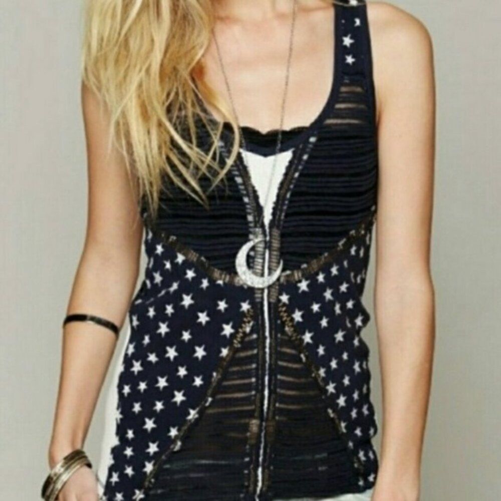 NWT Free People We The People Navy Stars & Bars Racerback Tank top NEW Small